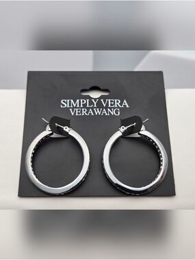 Simply Vera Vera Wang Silver Tone Hoop Earrings CZ Accent 1" Classic New